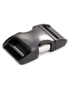 A black buckle with silver aluminum side release triggers