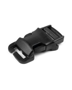 Flat surface side release black plastic buckle on a white background