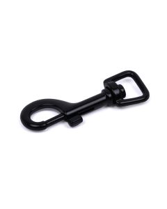 A black swivel snap hook on a white background