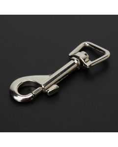 A silver nickle snap hook on a black background