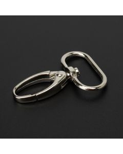 A silver lobster clip swivel hook on a black background