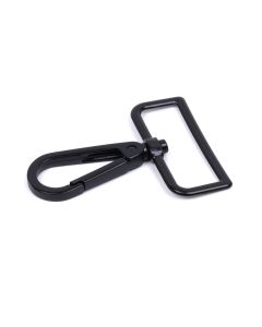 A black lobster clasp snap hook on a white background