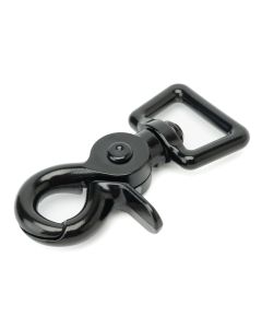 A black powder coated swivel snap hook on a white background