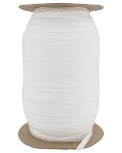 A spool of white, elastic polyester webbing