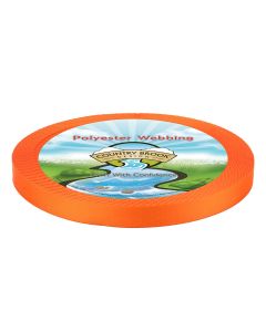 A roll of vibrant orange polyester lite tape webbing 