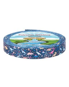 Various types of cute and colorful dinos romp about, with a blue background patterned polyester webbing