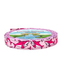 Hot pink sharks swimming against a rolling pink oceanic background