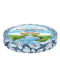 Blue webbing with blue sharks floating around with reflective down the sides
