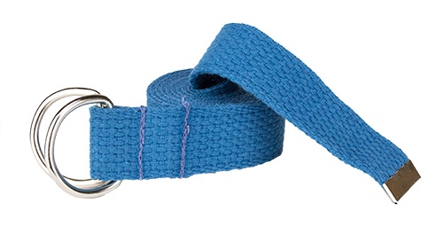 A finished blue webbing belt with two chrome fastening loops.