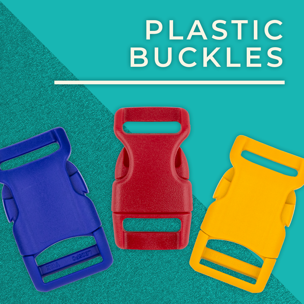 Plastic Buckles. Photo of 3 plastic buckles in blue, red, and yellow