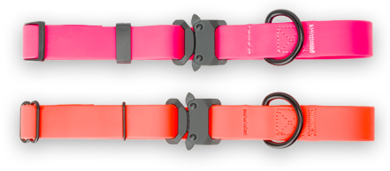 Parallel pink and orange collars finished using coated PVC webbing.