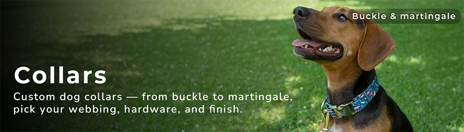 Collars. Custom dog collars &mdash; from buckle to martingale, pick your webbing, hardware, and finish. Buckle & martingale. Photo of a happy dog sitting on grass wearing a colorful blue patterned collar with a metal buckle..