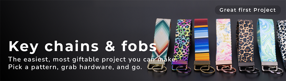 Key chains & fobs, The easiest, most giftable project you can make. Pick a pattern, grab hardware, and go. Photo of a spread of key fobs with multiple patterns & hardware finishes. 
